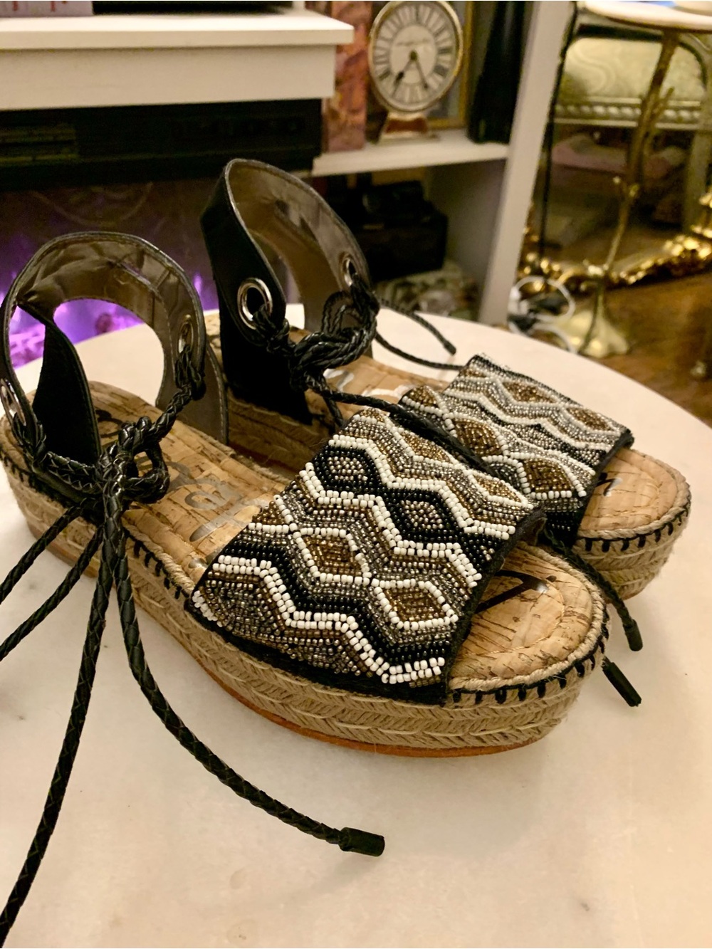 Beaded Black and Gold Espadrille Platform Sandals with Ankle Tie
